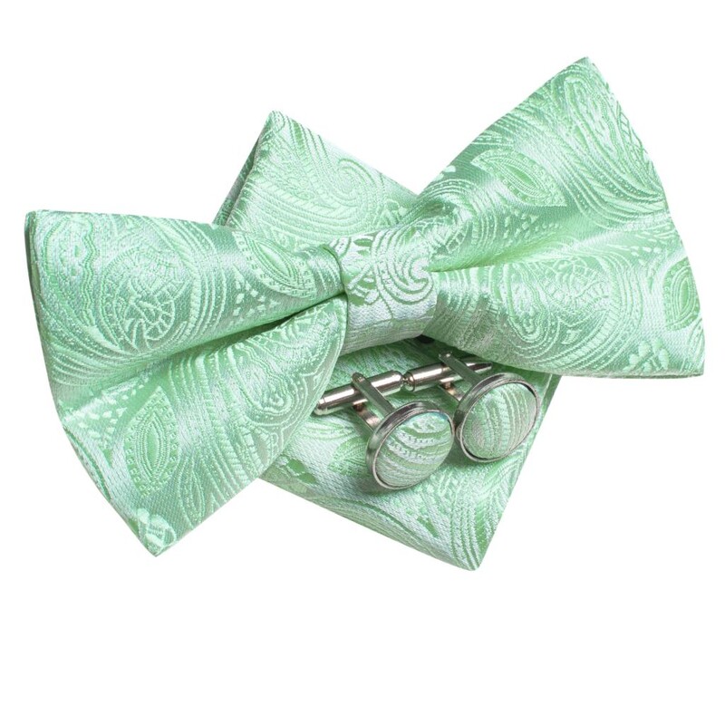 Hi-Tie Silk Papioni pentru bărbați Set de butoni, salvie, mentă, iarbă, verde, pre-legat, papion cu nod fluture, pentru afaceri de nuntă masculine