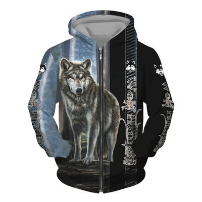 Νέο 3D Wolf Print ανδρικό φούτερ με κουκούλα Street punk ζιπ πουκάμισο με φερμουάρ Υπερμεγέθη παλτό σακάκι Κομψά vintage ρούχα