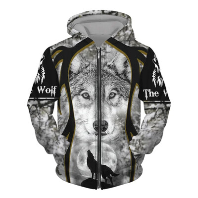Hanorac pentru bărbați cu glugă cu imprimeu 3D Wolf Pulover cu fermoar în stil street punk Jachetă supradimensionată Haine vintage elegante