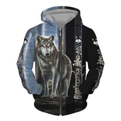Hanorac pentru bărbați cu glugă cu imprimeu 3D Wolf Pulover cu fermoar în stil street punk Jachetă supradimensionată Haine vintage elegante