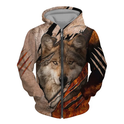 Hanorac pentru bărbați cu glugă cu imprimeu 3D Wolf Pulover cu fermoar în stil street punk Jachetă supradimensionată Haine vintage elegante