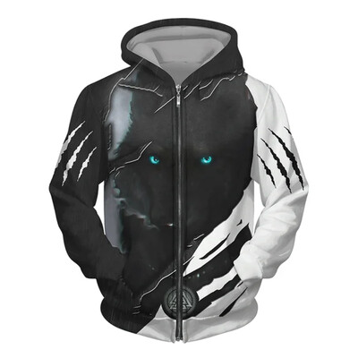 Hanorac pentru bărbați cu glugă cu imprimeu 3D Wolf Pulover cu fermoar în stil street punk Jachetă supradimensionată Haine vintage elegante