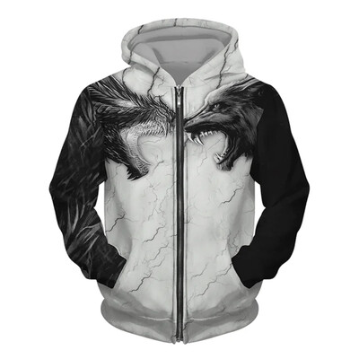 Hanorac pentru bărbați cu glugă cu imprimeu 3D Wolf Pulover cu fermoar în stil street punk Jachetă supradimensionată Haine vintage elegante