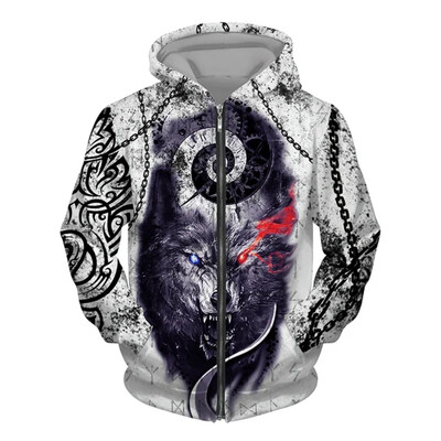 Hanorac pentru bărbați cu glugă cu imprimeu 3D Wolf Pulover cu fermoar în stil street punk Jachetă supradimensionată Haine vintage elegante