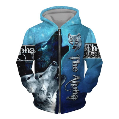 Hanorac pentru bărbați cu glugă cu imprimeu 3D Wolf Pulover cu fermoar în stil street punk Jachetă supradimensionată Haine vintage elegante
