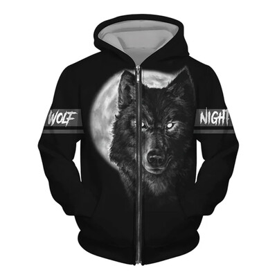 Hanorac pentru bărbați cu glugă cu imprimeu 3D Wolf Pulover cu fermoar în stil street punk Jachetă supradimensionată Haine vintage elegante