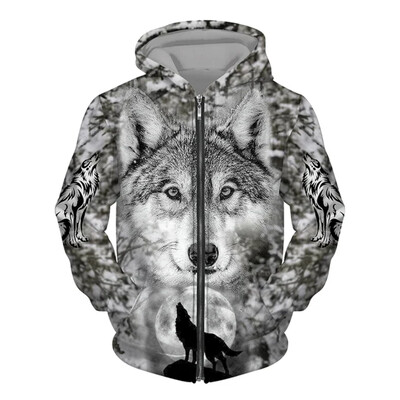 Hanorac pentru bărbați cu glugă cu imprimeu 3D Wolf Pulover cu fermoar în stil street punk Jachetă supradimensionată Haine vintage elegante