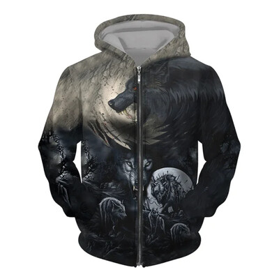 Hanorac pentru bărbați cu glugă cu imprimeu 3D Wolf Pulover cu fermoar în stil street punk Jachetă supradimensionată Haine vintage elegante