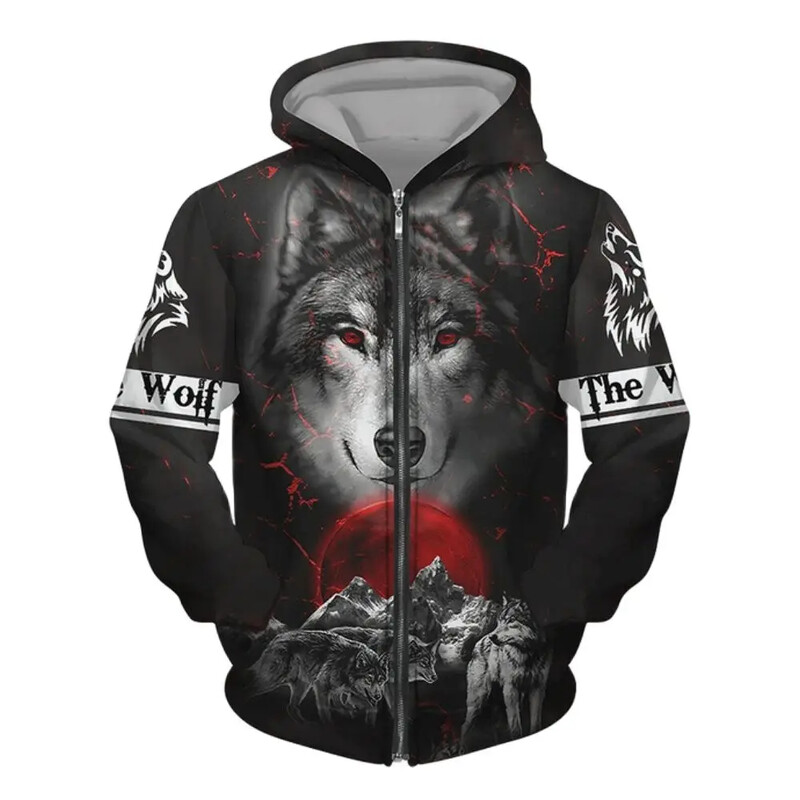 Hanorac pentru bărbați cu glugă cu imprimeu 3D Wolf Pulover cu fermoar în stil street punk Jachetă supradimensionată Haine vintage elegante