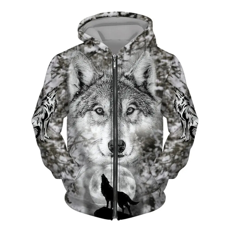 Hanorac pentru bărbați cu glugă cu imprimeu 3D Wolf Pulover cu fermoar în stil street punk Jachetă supradimensionată Haine vintage elegante