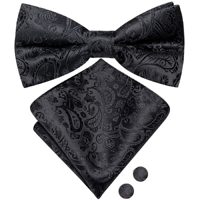 Ανδρικό παπιγιόν τσέρκι μαύρο μεταξωτό ανδρικό σετ μανικετόκουμπα τσέπης τετράγωνο παπιγιόν με λουλουδένιο κόμπο πεταλούδα για ανδρική επιχείρηση γάμου