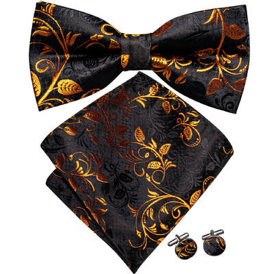 Ανδρικό παπιγιόν τσέρκι μαύρο μεταξωτό ανδρικό σετ μανικετόκουμπα τσέπης τετράγωνο παπιγιόν με λουλουδένιο κόμπο πεταλούδα για ανδρική επιχείρηση γάμου