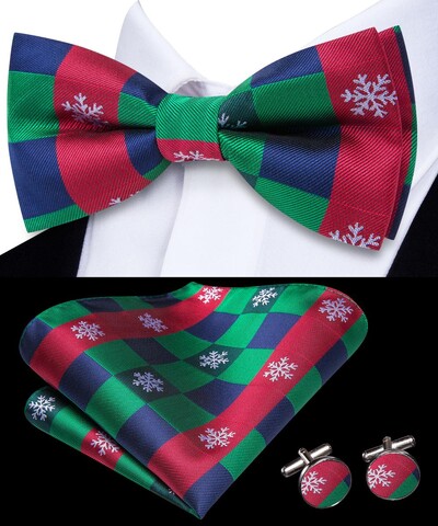 Hi-Te Πράσινη Κόκκινη Χριστουγεννιάτικη Πεταλούδα Μεταξωτό Ανδρικό Χριστουγεννιάτικο παπιγιόν Hanky Σετ μανικετόκουμπα ζακάρ Floral προδεμένο παπιγιόν για ανδρικό γάμο