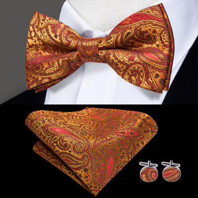 Hi-Tie Elegent férfi csokornyakkendő négyzet alakú mandzsettagomb készlet előre megkötött selyem pillangócsomós csokornyakkendő férfi esküvői üzleti party ajándék