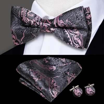 Hi-Tie Elegent férfi csokornyakkendő négyzet alakú mandzsettagomb készlet előre megkötött selyem pillangócsomós csokornyakkendő férfi esküvői üzleti party ajándék