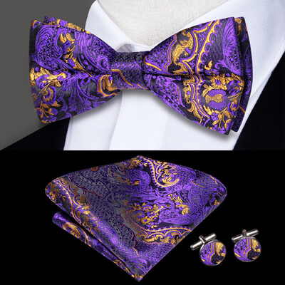 Hi-Tie Elegent férfi csokornyakkendő négyzet alakú mandzsettagomb készlet előre megkötött selyem pillangócsomós csokornyakkendő férfi esküvői üzleti party ajándék