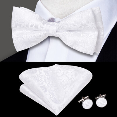 Hi-Tie Elegent férfi csokornyakkendő négyzet alakú mandzsettagomb készlet előre megkötött selyem pillangócsomós csokornyakkendő férfi esküvői üzleti party ajándék
