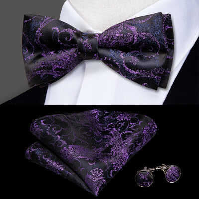 Hi-Tie Elegent férfi csokornyakkendő négyzet alakú mandzsettagomb készlet előre megkötött selyem pillangócsomós csokornyakkendő férfi esküvői üzleti party ajándék