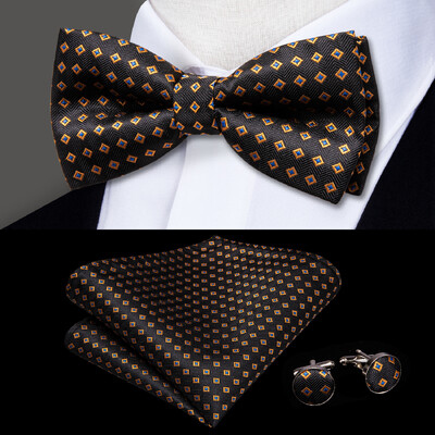 Hi-Tie Elegent férfi csokornyakkendő négyzet alakú mandzsettagomb készlet előre megkötött selyem pillangócsomós csokornyakkendő férfi esküvői üzleti party ajándék