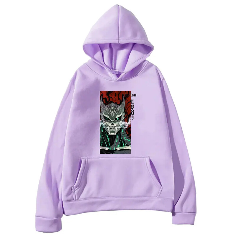 Jesenná mikina s dlhým rukávom a potlačou Manga Kaiju č. 8, flísová mäkká mikina s kapucňou Harajuku, nadrozmerné anime, streetwear oblečenie