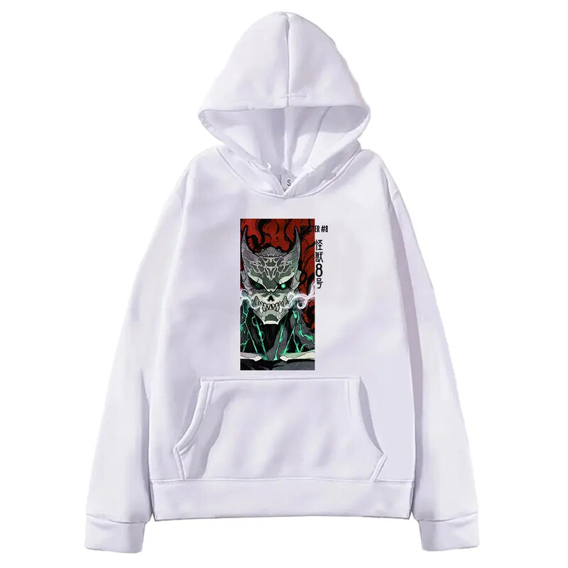 Jesenná mikina s dlhým rukávom a potlačou Manga Kaiju č. 8, flísová mäkká mikina s kapucňou Harajuku, nadrozmerné anime, streetwear oblečenie