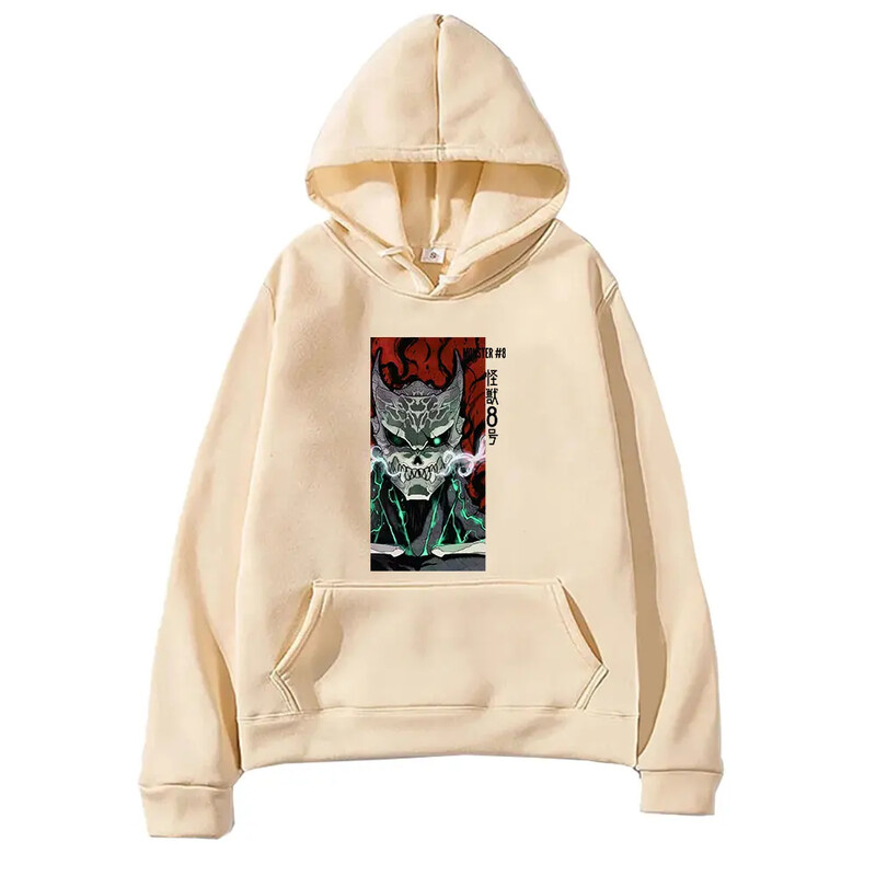 Jesenná mikina s dlhým rukávom a potlačou Manga Kaiju č. 8, flísová mäkká mikina s kapucňou Harajuku, nadrozmerné anime, streetwear oblečenie