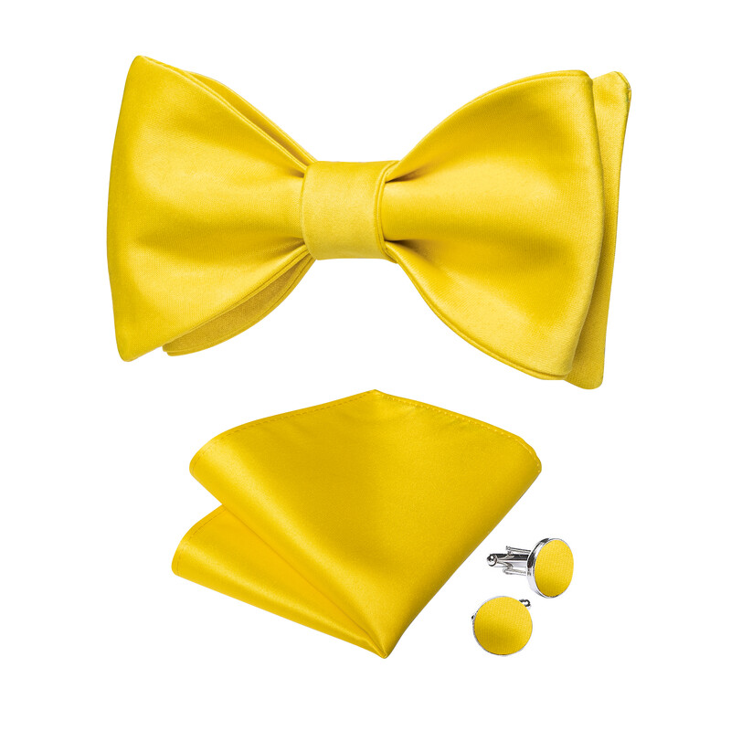 Klasszikus, élénksárga férfi csokornyakkendők Luxus márkájú selyem önkötő csokorkák négyzet alakú zseb mandzsettagombok szett Esküvői pillangócsomós ajándékok