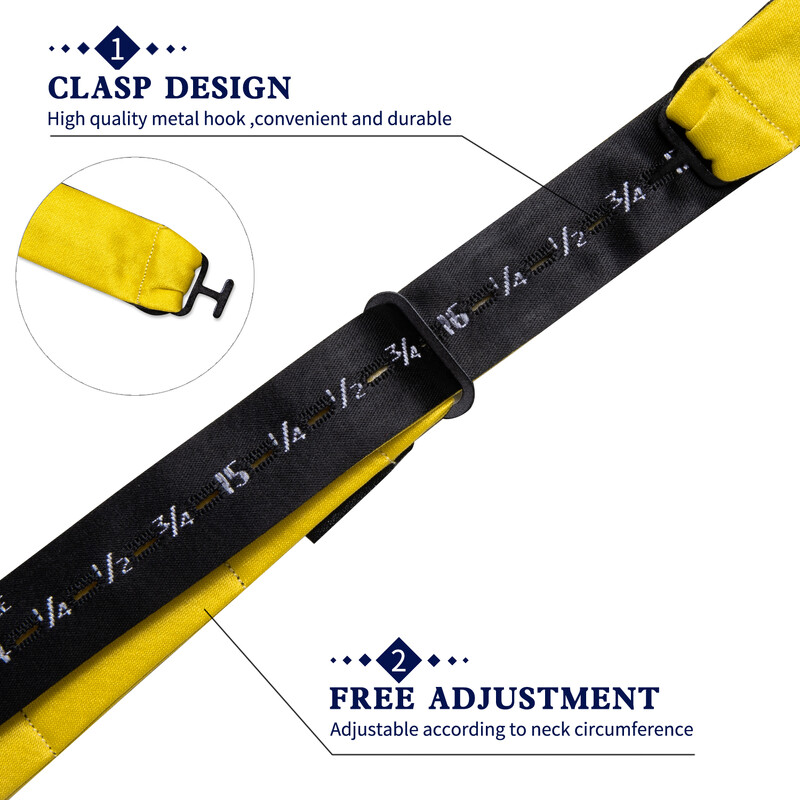 Klasszikus, élénksárga férfi csokornyakkendők Luxus márkájú selyem önkötő csokorkák négyzet alakú zseb mandzsettagombok szett Esküvői pillangócsomós ajándékok