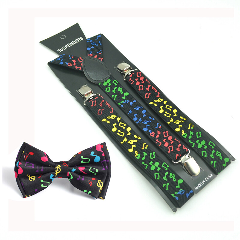 Női Férfi Uniszex Music Note ing függő csokornyakkendő szett Y-alakú merevítő Pillangó csokornyakkendő nadrághoz nadrágtartó