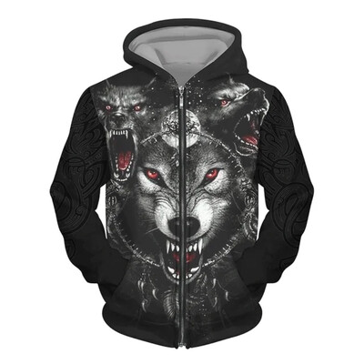 Nová pánska mikina s potlačou vlka v 3D street punkovom štýle na zips, módne retro oblečenie, pánsky módny trendový top