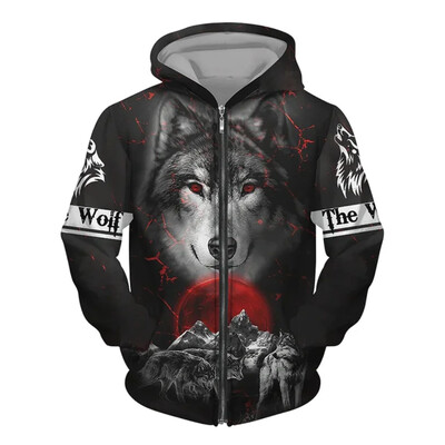 Nová pánska mikina s potlačou vlka v 3D street punkovom štýle na zips, módne retro oblečenie, pánsky módny trendový top