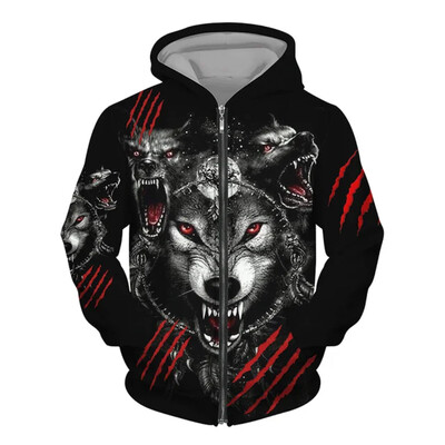 Nová pánska mikina s potlačou vlka v 3D street punkovom štýle na zips, módne retro oblečenie, pánsky módny trendový top