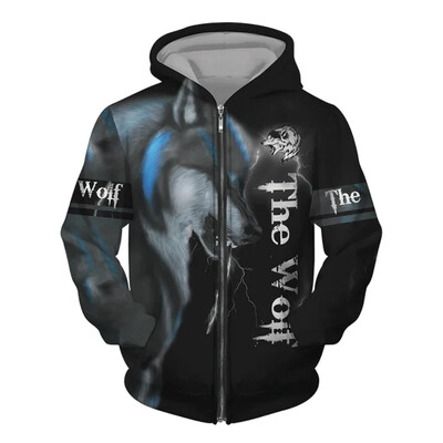 Nová pánska mikina s potlačou vlka v 3D street punkovom štýle na zips, módne retro oblečenie, pánsky módny trendový top