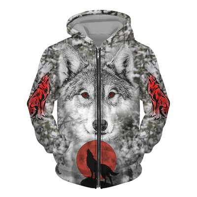 Nová pánska mikina s potlačou vlka v 3D street punkovom štýle na zips, módne retro oblečenie, pánsky módny trendový top
