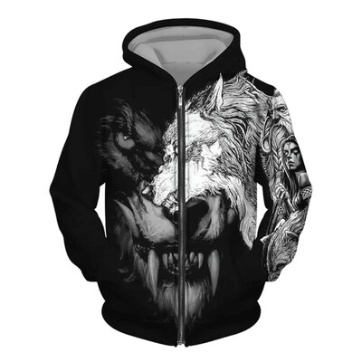 Nová pánska mikina s potlačou vlka v 3D street punkovom štýle na zips, módne retro oblečenie, pánsky módny trendový top