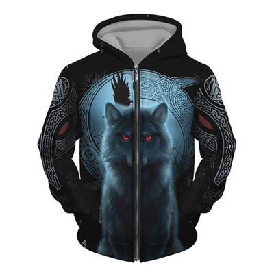 Nová pánska mikina s potlačou vlka v 3D street punkovom štýle na zips, módne retro oblečenie, pánsky módny trendový top