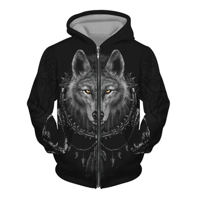 Nová pánska mikina s potlačou vlka v 3D street punkovom štýle na zips, módne retro oblečenie, pánsky módny trendový top