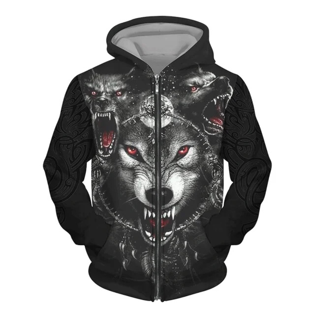 Nová pánska mikina s potlačou vlka v 3D street punkovom štýle na zips, módne retro oblečenie, pánsky módny trendový top