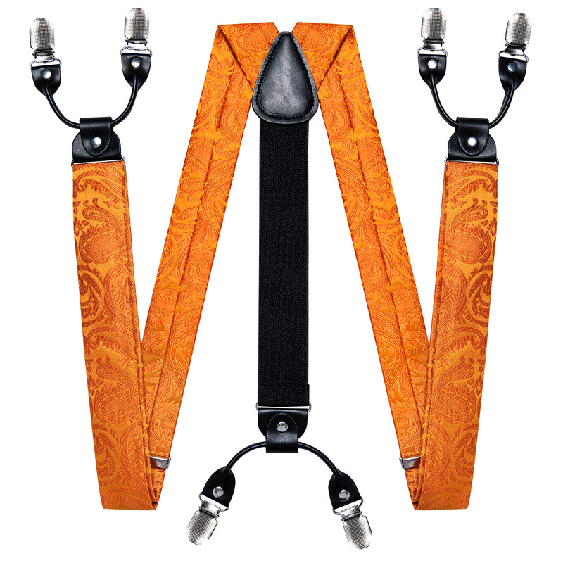 Divat selyem férfi állítható nadrágtartók, narancssárga Paisley előre megkötött csokornyakkendő, négyzet alakú mandzsettagombok esküvői partikhoz