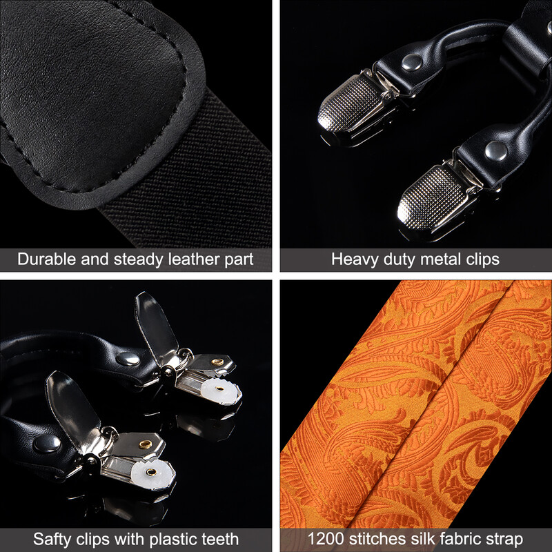 Divat selyem férfi állítható nadrágtartók, narancssárga Paisley előre megkötött csokornyakkendő, négyzet alakú mandzsettagombok esküvői partikhoz