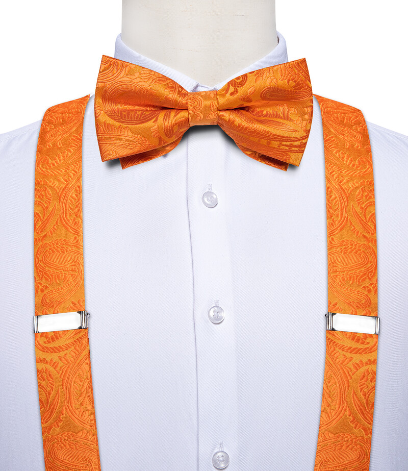 Divat selyem férfi állítható nadrágtartók, narancssárga Paisley előre megkötött csokornyakkendő, négyzet alakú mandzsettagombok esküvői partikhoz