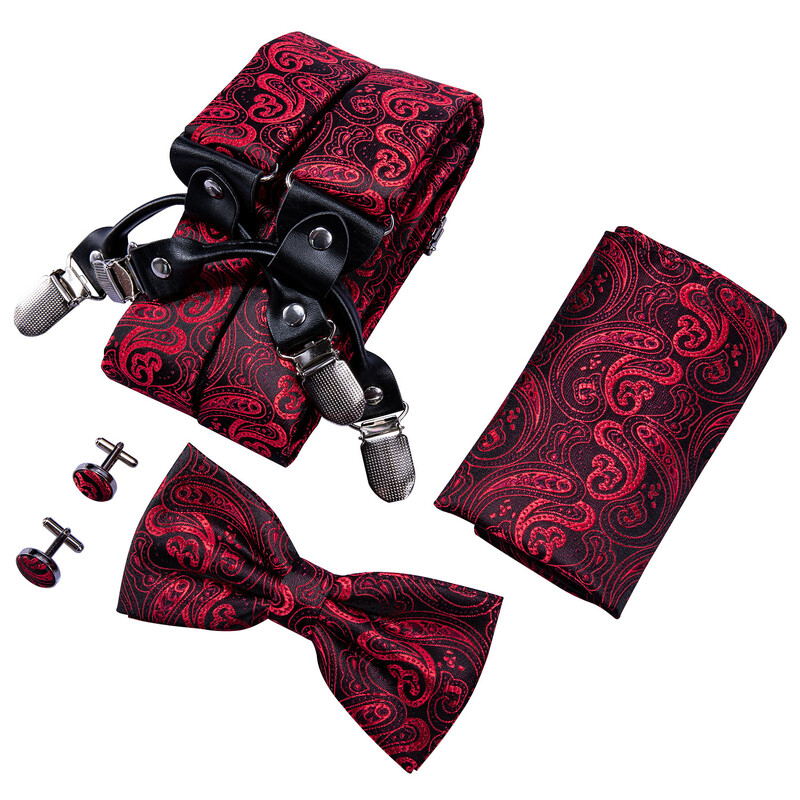 Barry.Wang bordó fekete fehér selyem férfi függő 6 kapcsos állítható jacquard merevítős csokornyakkendő Hanky mandzsettagomb készlet ezüst arany