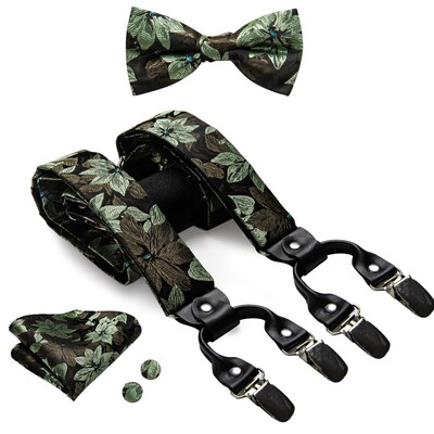 Hi-Tie Jacquard szőtt selyem arany férfi pánttartók csokornyakkendő Hanky mandzsettagomb készlet férfiaknak Állítható elasztikus gallusok férfiaknak