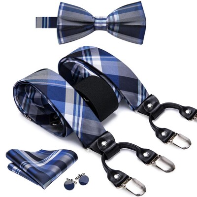 Hi-Tie Jacquard szőtt selyem arany férfi pánttartók csokornyakkendő Hanky mandzsettagomb készlet férfiaknak Állítható elasztikus gallusok férfiaknak