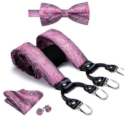 Hi-Tie Jacquard szőtt selyem arany férfi pánttartók csokornyakkendő Hanky mandzsettagomb készlet férfiaknak Állítható elasztikus gallusok férfiaknak