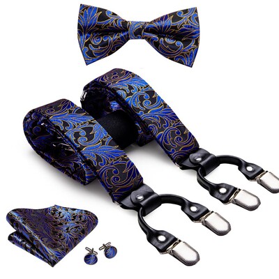 Hi-Tie Jacquard szőtt selyem arany férfi pánttartók csokornyakkendő Hanky mandzsettagomb készlet férfiaknak Állítható elasztikus gallusok férfiaknak