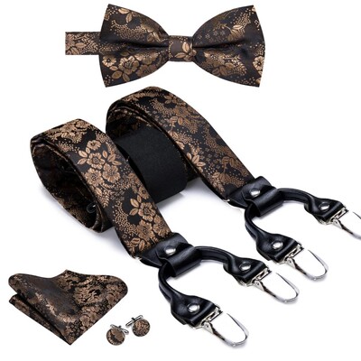 Hi-Tie Jacquard szőtt selyem arany férfi pánttartók csokornyakkendő Hanky mandzsettagomb készlet férfiaknak Állítható elasztikus gallusok férfiaknak