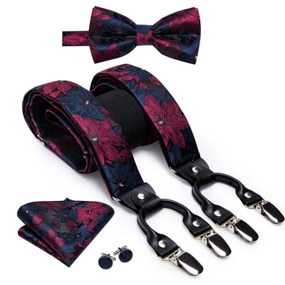 Hi-Tie Jacquard szőtt selyem arany férfi pánttartók csokornyakkendő Hanky mandzsettagomb készlet férfiaknak Állítható elasztikus gallusok férfiaknak