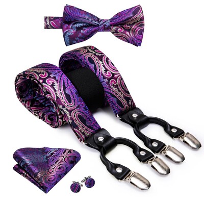 Hi-Tie Jacquard szőtt selyem arany férfi pánttartók csokornyakkendő Hanky mandzsettagomb készlet férfiaknak Állítható elasztikus gallusok férfiaknak