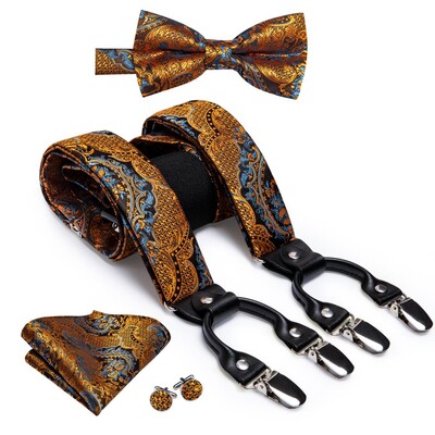 Hi-Tie Jacquard szőtt selyem arany férfi pánttartók csokornyakkendő Hanky mandzsettagomb készlet férfiaknak Állítható elasztikus gallusok férfiaknak